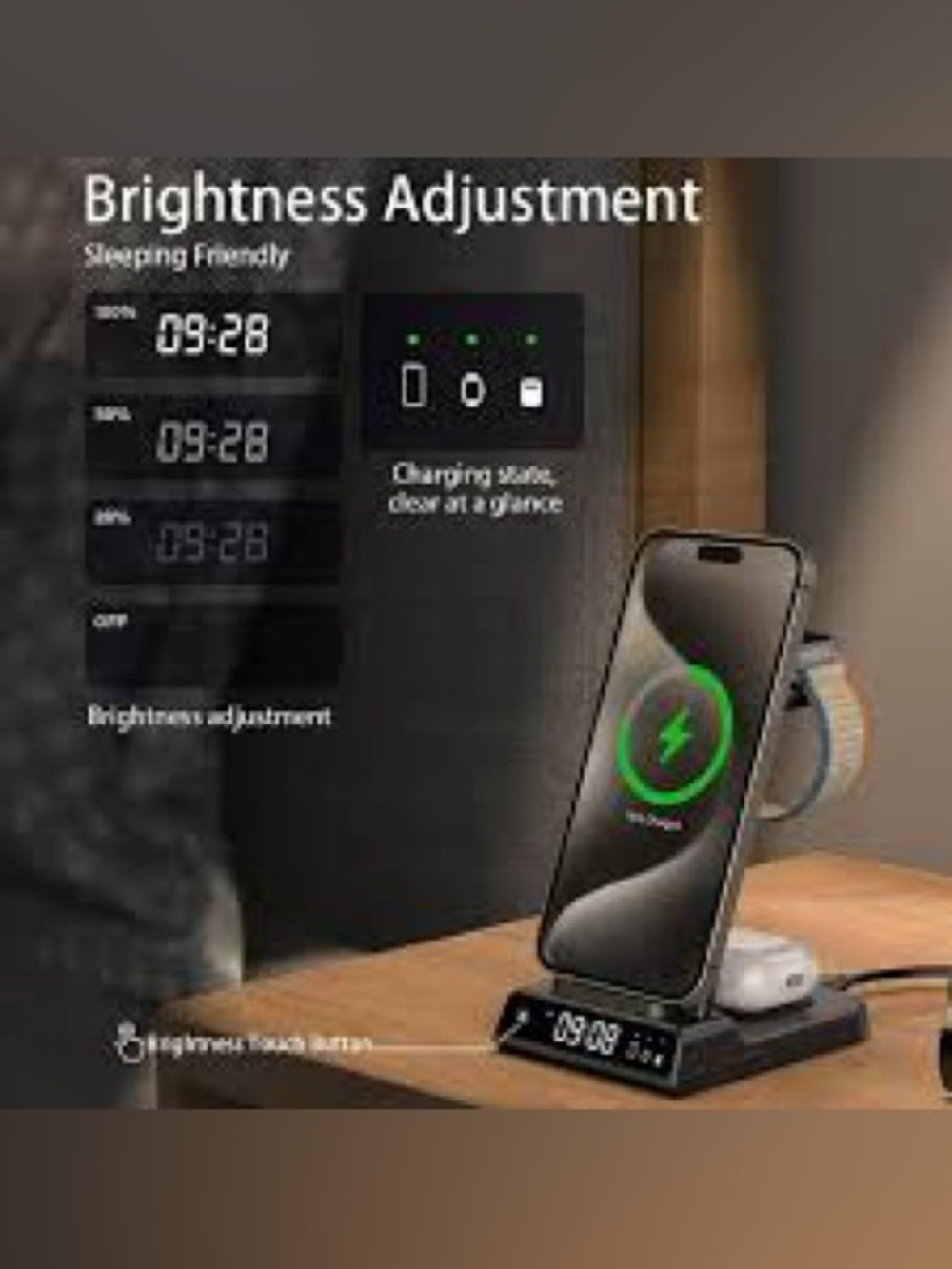 3 in 1 Wireless Fast Charging Station for Multiple Devices w/Digital Clock - New - Picture 3 of 9
